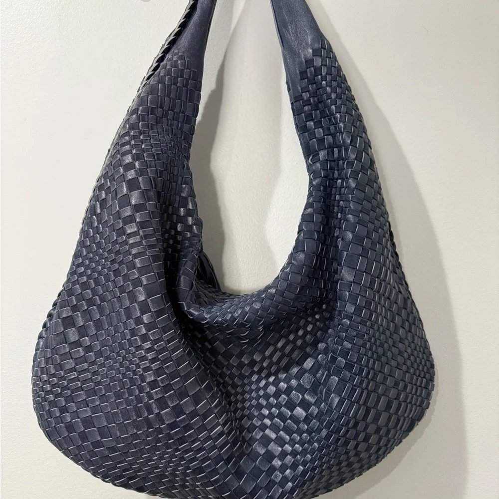 Jennifer Tattanelli Navy Intreccio Woven‎ Leather Tote Bag Blue Slouchy Hobo